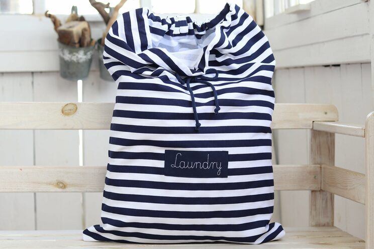 Personalized Laundry Camp Bag, Navy Blue Stripes Laundry Hamper For College