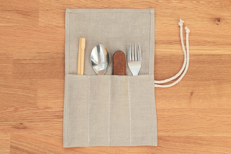 Beige Linen Reusable Cutlery Roll, Personalized Cutlery Wrap For Travel, Zero Waste Utensils Holder For Picnic