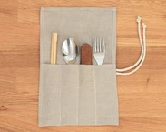 Beige linen Reusable Cutlery Roll, Personalized Cutlery Wrap for travel, Zero Waste Utensils Holder for Picnic