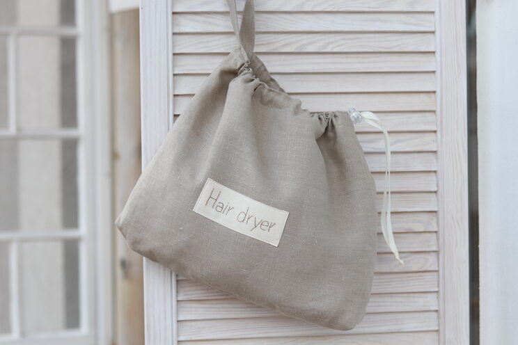 Personalized Beige Linen Hair Dryer Bag For Hotel Bathroom Or Beach House