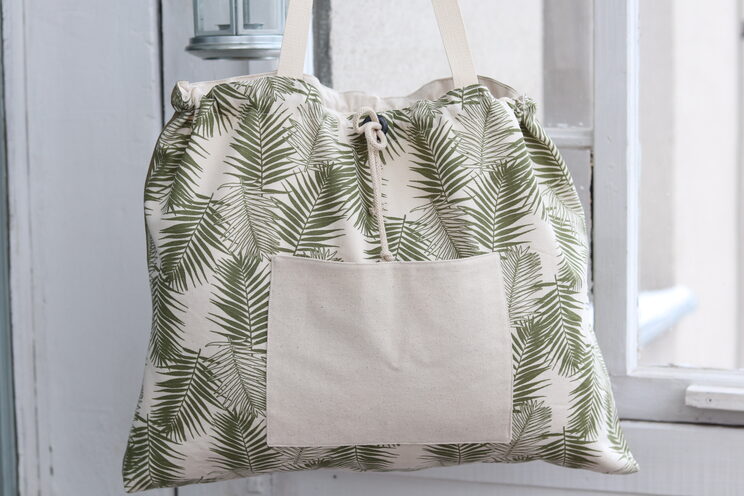 Grote Katoenen Strandtas, Praktische Tas Met Green Leaves Patroon, Eenvoudige Vrijetijdstas Met Zakken Voor Werk