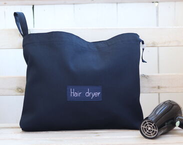 Bolsa para secador de pelo personalizada, soporte para secador de pelo azul marino, organizador de accesorios para el cabello de algodón grueso, bolsa para secador de pelo con nombre
