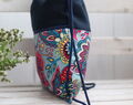 Kleiner Marineblauer Leinen Rucksack Mit Reißverschlusstasche, Kordelzug Rucksack Für Sie Mit Orientalischer Blume Aus