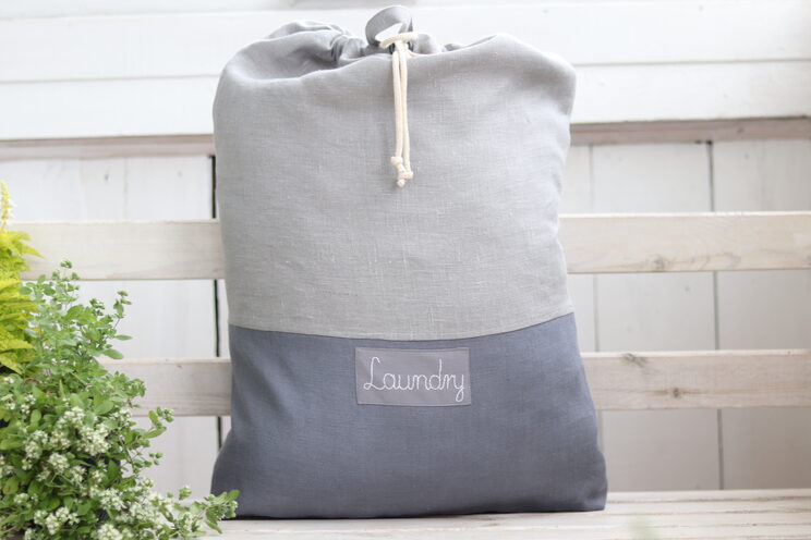 Gray Linen Lingerie Bag With Name, Grey Flax Travel Laundry Bag, Aesthetic Nursery Storage