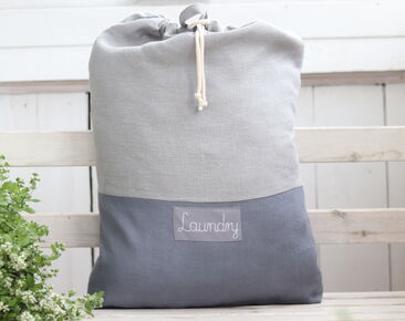 Gray Linen lingerie bag with name, Grey Flax Travel laundry bag, Aesthetic Nursery Storage