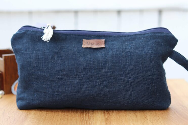 Linen Cosmetic Bag, Navy Blue Travel Organizer, Cosmetic Zippered Case, Makeup Pouch, Personalized Travel Accessories