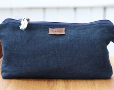 Linen cosmetic bag, Navy blue travel organizer, cosmetic zippered case, makeup pouch, personalized travel accessories