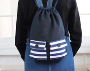 Linneryggsäck med fickor för barn, Söt lätt resepresent för tonåringar, Marinblå linneryggsäck med foder 40x30 cm