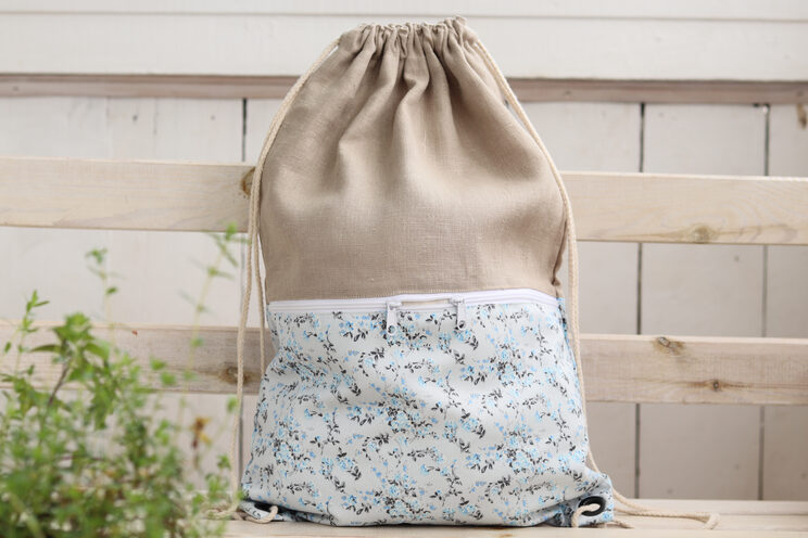 Linen Backpack With Zippered Pocket, Cotton Lightweight Travel Gift For Her, Drawstring Floral Backpack For Woman,