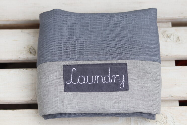 Gray Linen Lingerie Bag With Name,  Flax Travel Laundry Bag, Aesthetic And Minimalistic Nursery Storage