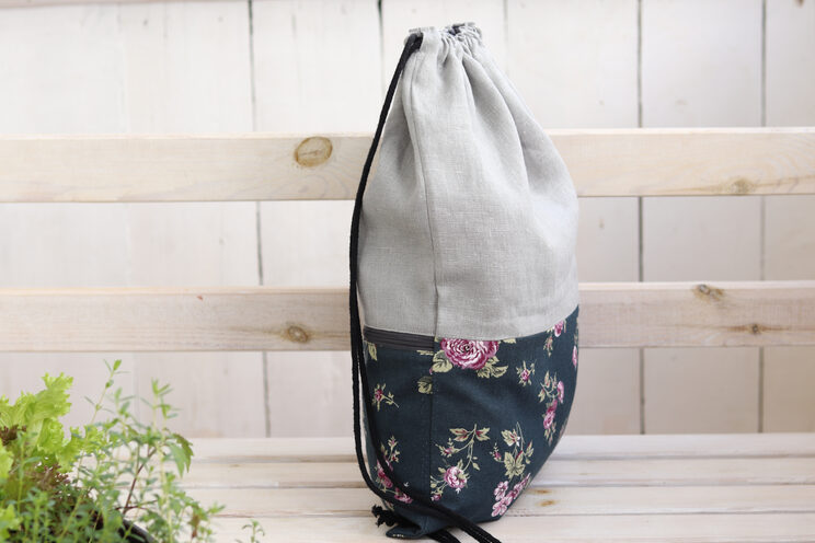 Cotton Backpack With Zippered Pocket, Linen Lightweight Travel Gift, Purple Floral Drawstring Backpack For Her,