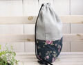 Cotton Backpack With Zippered Pocket, Linen Lightweight Travel Gift, Purple Floral Drawstring Backpack For Her,