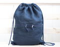 Linen Drawstring City Backpack For Man Or Woman With Pocket, Lightweight Navy Blue Travel Gift For Her Or Him 40x30cm ~