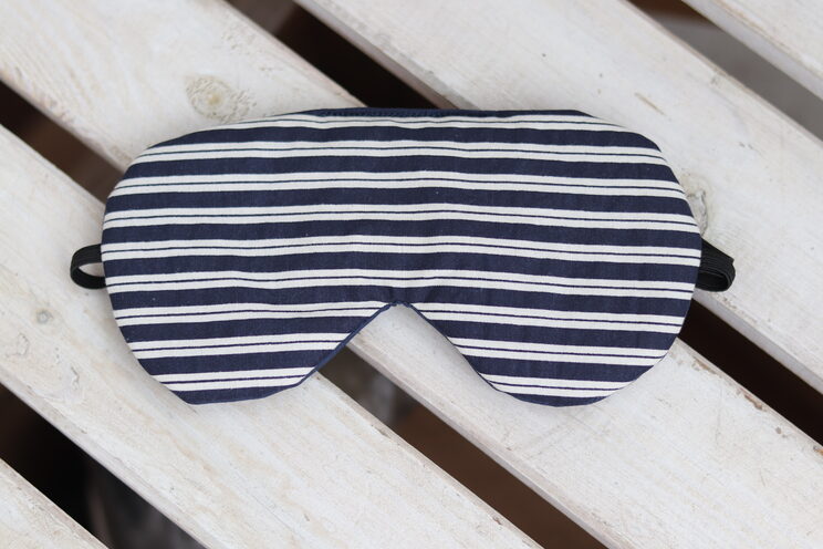 Adjustable Sleeping Eye Mask Made Of Stripes Cotton, Organic Eye Cover For Travel, Navy Blue Travel Gifts