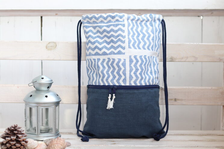 Linen Blue Drawstring Backpack Bigger Size Blue Linen Minimalistic Backpack