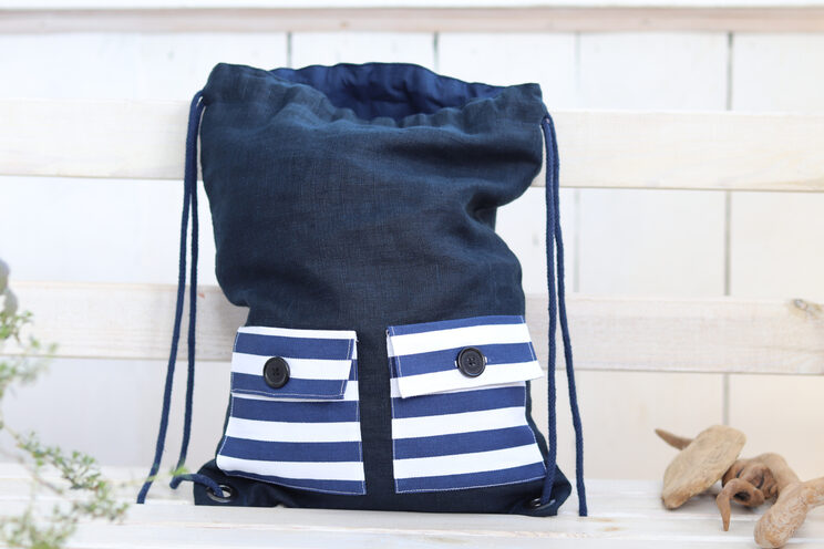 Linen Backpack With Pockets For Kids, Cute Lightweight Travel Gift For Teens, Navy Blue Linen Backpack With Lining 40x30