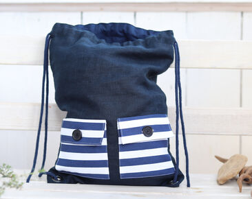 Ľanový batoh s vreckami pre deti, Roztomilý ľahký cestovný darček pre tínedžerov, Ľanový batoh v námorníckej modrej s podšívkou 40x30 cm