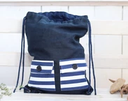 Linnen rugzak met zakken voor kinderen, schattig lichtgewicht reiscadeau voor tieners, marineblauwe linnen rugzak met voering 40x30 cm
