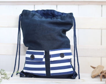 Linen backpack with pockets for kids, Cute Lightweight travel gift for teens, Navy blue linen backpack with lining 40x30 cm