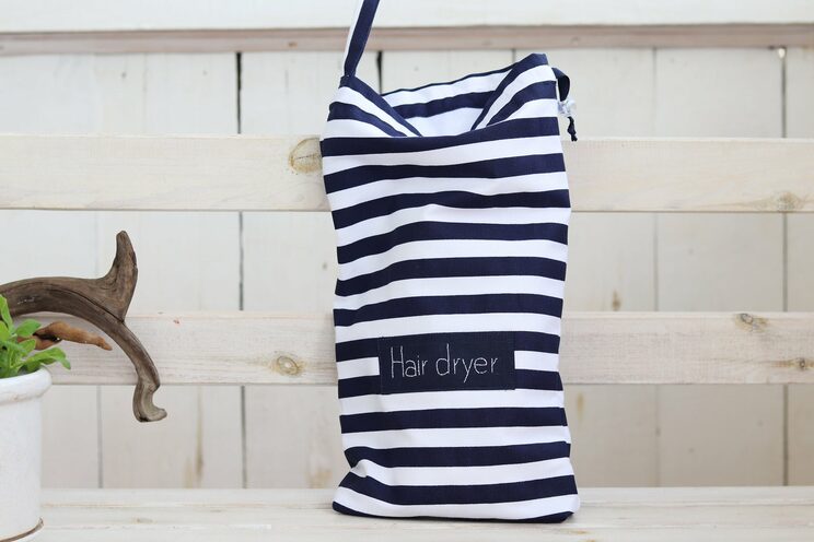 Nautical Hair Dryer Bag For Beach House Personalized Navy Blue Stripes Hair Dryer Holder For Airbnb
