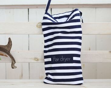 Bolsa de secador de pelo para casa de playa, soporte de secador de pelo de rayas azul marino, organizador de secador de pelo Airbnb, bolsa de accesorios para el cabello náutico, personalizado, forro de franela