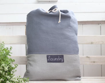 Gray Linen lingerie bag with name,  Flax Travel laundry bag, Aesthetic and Minimalistic Nursery Storage
