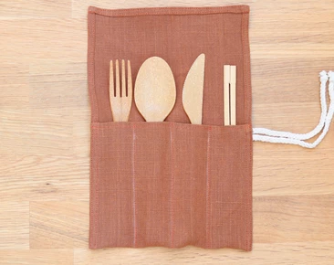Linen Cutlery Roll, Reusable ginger linen Cutlery Wrap for travel, Zero Waste Utensils Holder for Picnic