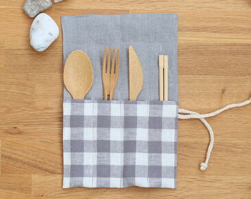 Reusable Cutlery Roll with name, Gray linen Cutlery Wrap for travel, Zero Waste Utensils Holder for Picnic