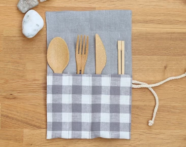 Reusable Cutlery Roll with name, Gray linen Cutlery Wrap for travel, Zero Waste Utensils Holder for Picnic