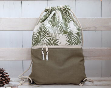 Kleine Draftstring-rugzak gemaakt van groen katoen met zak met ritssluiting Groene lichtgewicht reiscadeau minimalistische rugzak