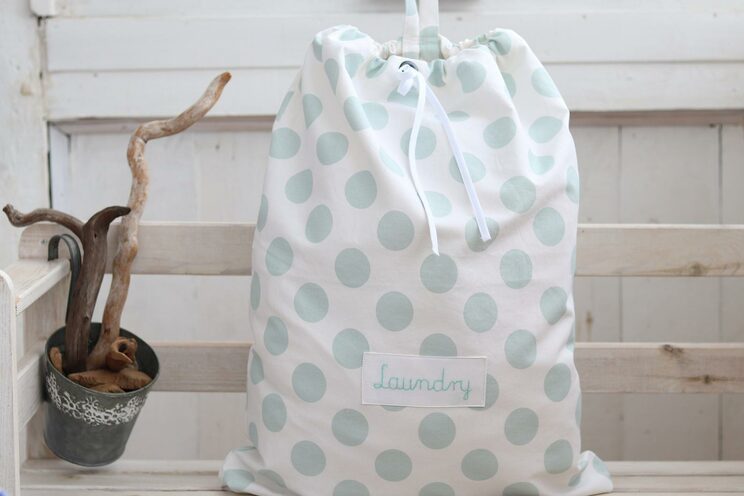 Personalized Kids Laundry Hamper, Baby Polka Dot Laundry Storage Bag, Mint Nursery Storage