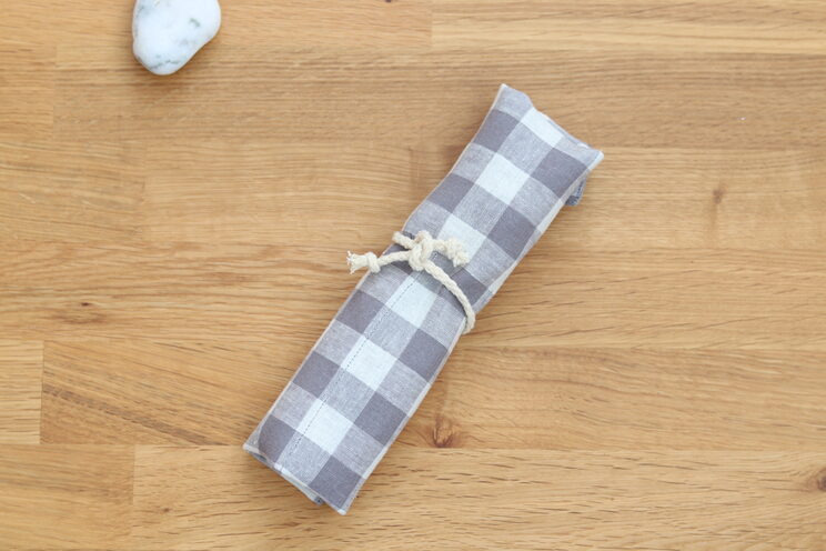 Reusable Cutlery Roll With Name, Gray Linen Cutlery Wrap For Travel, Zero Waste Utensils Holder For Picnic