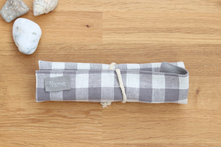 Reusable Cutlery Roll With Name, Gray Linen Cutlery Wrap For Travel, Zero Waste Utensils Holder For Picnic