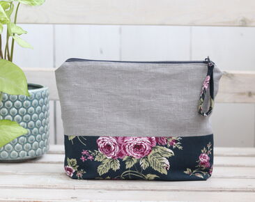Cute gift for her gray linen cosmetic bag with zipper also makeup pouch 