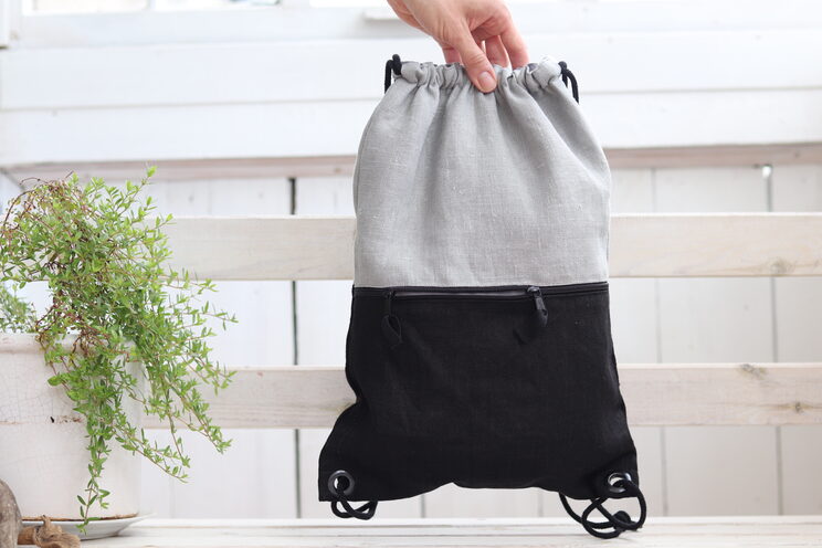 Linen Black Gray Backpack With Pocket, Lightweight Travel Gift For Her Or Him 50x36cm ~ 19.7" X 14"