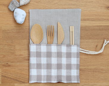 Reusable Cutlery Roll, Personalized Beige linen Cutlery Wrap for travel, Zero Waste Utensils Holder for Picnic