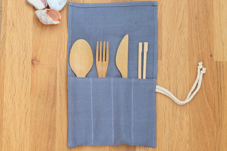 Cutlery Roll With Name, Reusable Dark Gray Linen Cutlery Wrap For Travel, Zero Waste Utensils Holder For Picnic