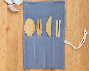 Cutlery Roll with name, Reusable Dark gray linen Cutlery Wrap for travel, Zero Waste Utensils Holder for Picnic