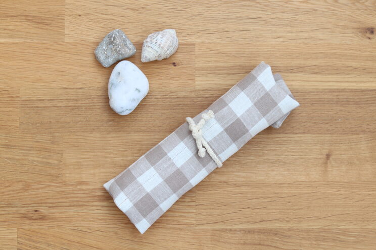 Reusable Cutlery Roll, Personalized Beige Linen Cutlery Wrap For Travel, Zero Waste Utensils Holder For Picnic