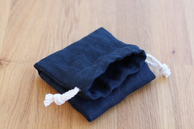 Linen Zero Waste Utensils Wrap, Navy Blue Reusable Cutlery Holder For Travel, Drawstring Pouch For Picnic 