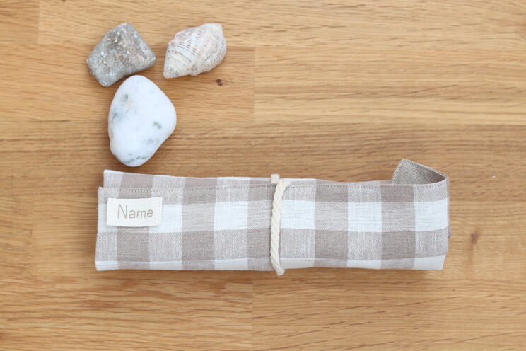 Reusable Cutlery Roll, Personalized Beige Linen Cutlery Wrap For Travel, Zero Waste Utensils Holder For Picnic