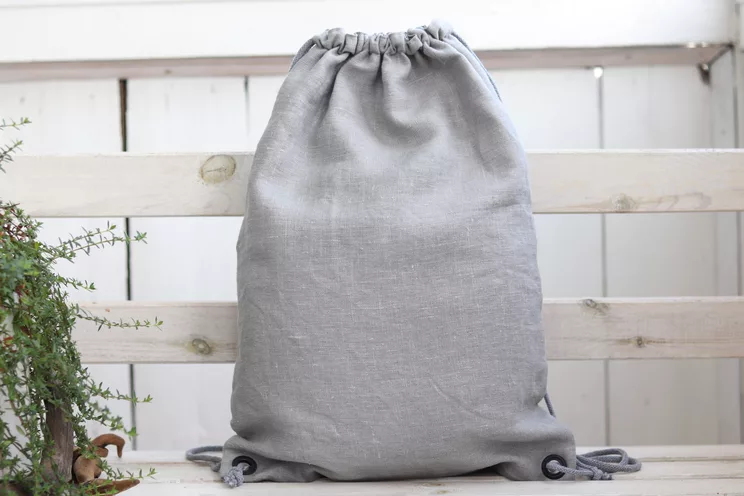 Mochila de lino con bolsillo con cremallera, regalo de viaje ligero gris, mochila minimalista con cordón
