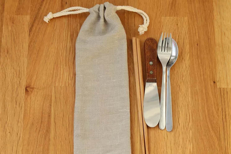 Linen Zero Waste Utensils Wrap, Beige Reusable Cutlery Holder for travel, Drawstring pouch for Picnic 