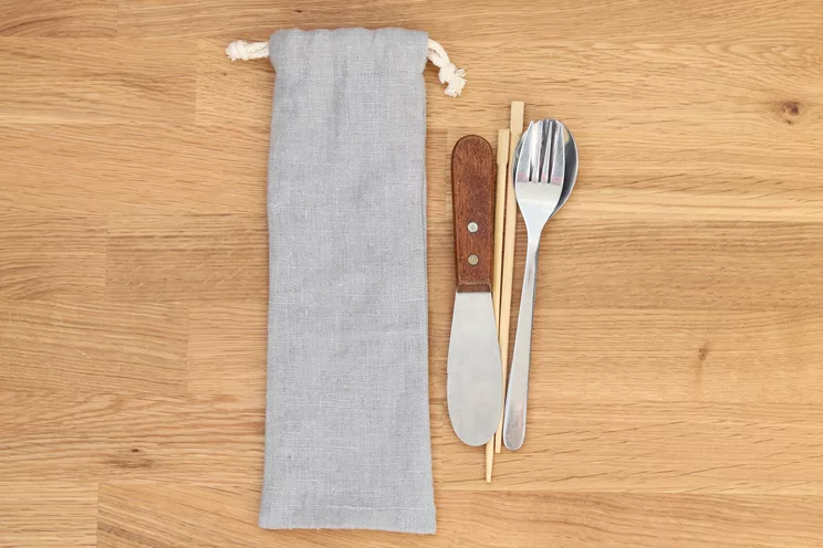 Linen Zero Waste Utensils Wrap, Grey Reusable Cutlery Holder for travel, Drawstring pouch for Picnic