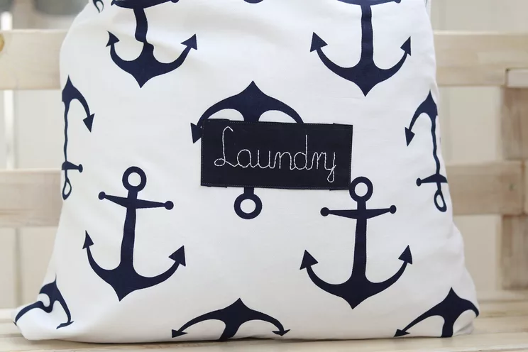 Personalized laundry camp bag, navy blue anchor laundry hamper for college