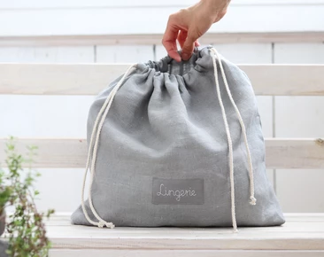 Linen lingerie bag, Laundry travel bag, grey custom label travel accessories, shoe bag, honeymoon gift, underwear bag