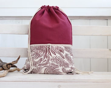 Linen&Cotton backpack with zippered pocket, Lightweight travel gift for her, drawstring botanic backpack 